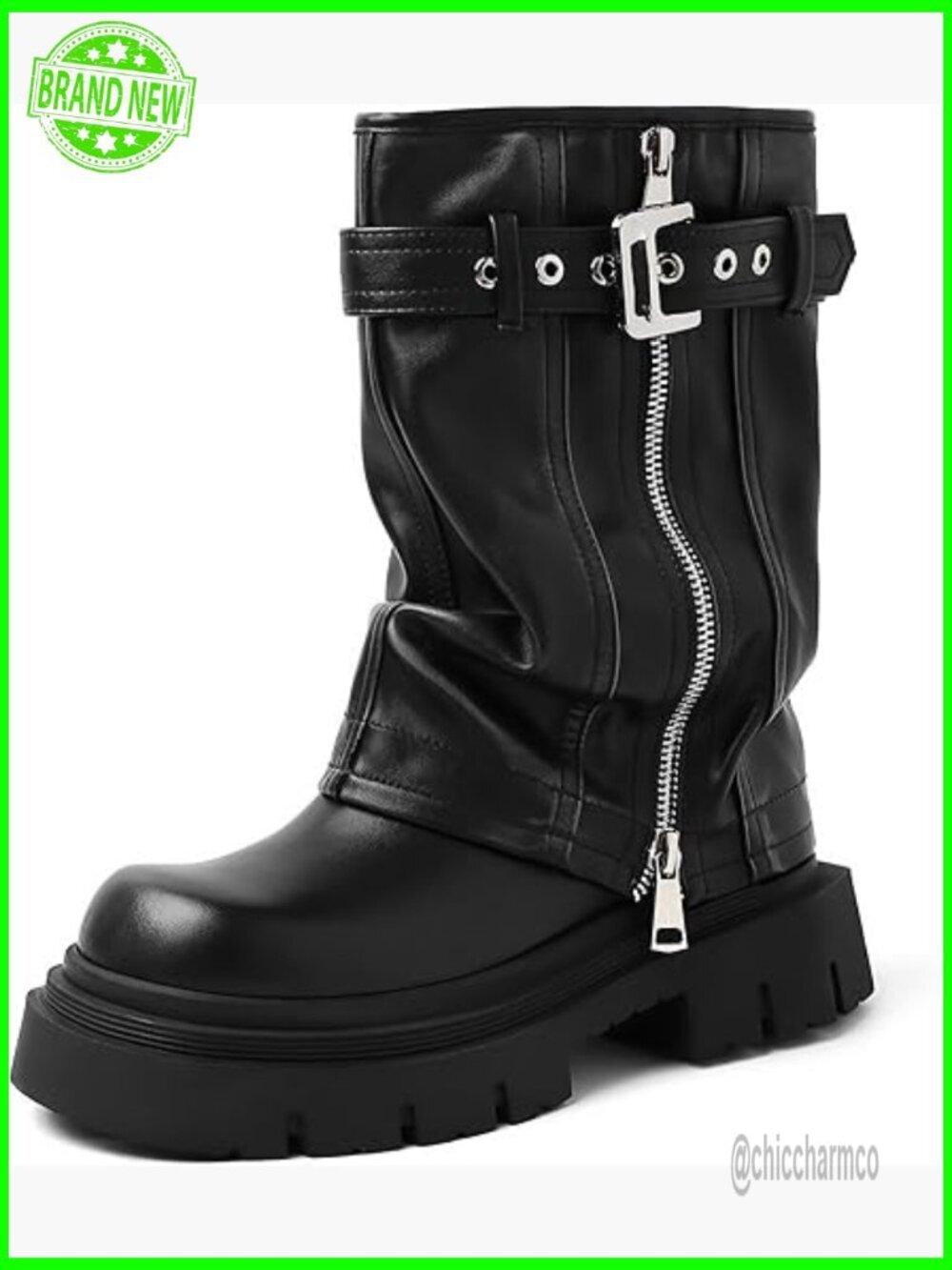 Fold Over Biker Mid Calf Combat Boots Chunky Heel Zip